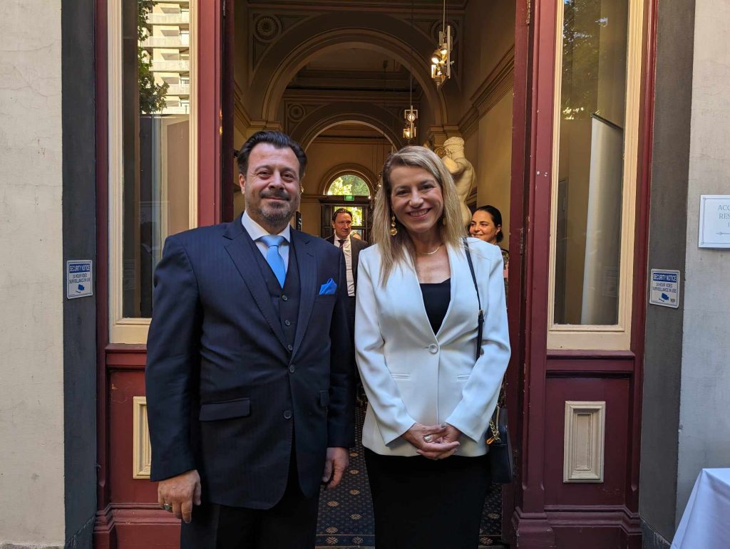 Greek Consul General Emmanuel Kakavelakis and lawyer Jenny Mikakos, Victoria's former health minister during the COVID-19 pandemic.