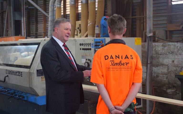 Opposition Leader ‘Albo’ visits Marrickville’s Danias Timber to address decrease in apprenticeships