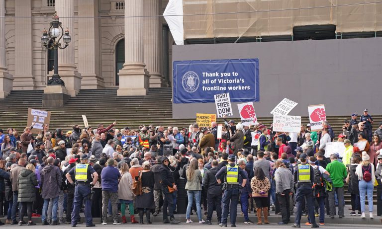 Ten arrested and police officer injured at protest against Victoria’s COVID-19 lockdown laws