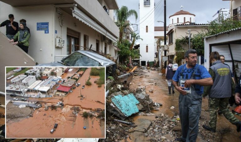 People seek refuge on rooftops as flood sweeps through Crete