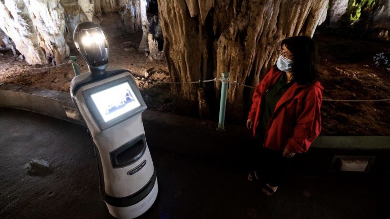 World-first robot cave tour guide Persephone leads visitors through Greek caves