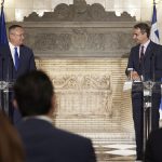 Greek Prime Minister Kyriakos Mitsotakis with Romanian Prime Minister, Nicolae Ionel Ciucă at Megaros Maximos in Athens