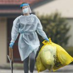 Medical staff dispose of clinical waste at the St Basil’s Home for the Aged Care in Victoria, which has had an outbreak of Covid-19. Photo EPA-2