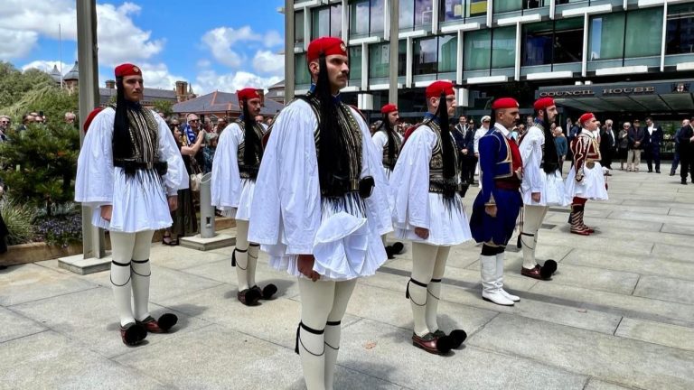 Greek flag flies high in Perth to honour the Evzones’ inaugural visit to the city