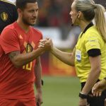 Eden Hazard midfielder of Belgium and Chrysoula Kourompylia lines women FOOTBALL Belgique vs Egypt