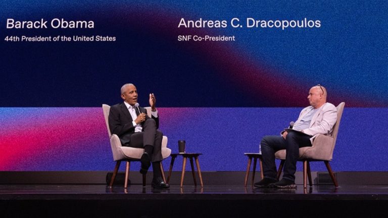 Barack Obama talks democracy with Stavros Niarchos Foundation President