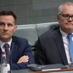 Alex Hawke and Scott Morrison on the backbench in the House of Representatives. Hawke is facing a Liberal party push to expel him at the NSW state council. Photograph: Mike Bowers:The Guardian