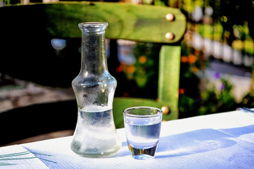 Greece national spirit, ouzo, a clear liquor served cold. 