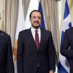 Prime Minister of the State of Israel, Benjamin Netanyahu (L), President of the Republic of Cyprus, Nikos Christodoulides (M) and Greece’s Prime Minister, Kyriakos Mitsotakis (R).