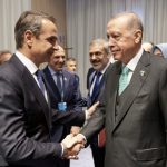 Greece’s Prime Minister Kyriakos Mitsotakis (L) and Turkey’s President Recep Tayyip Erdogan (R) prior to their meeting at the NATO Summit in Lithuania on July 2023.