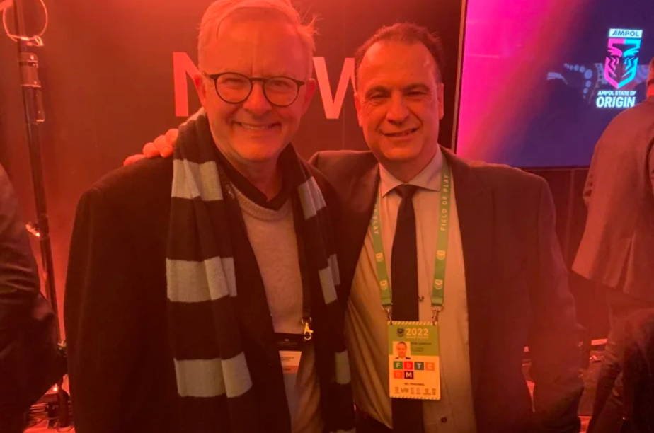 Anthony Albanese and Peter V’landys inside the NRL chairman’s suite at the first State of Origin game last year..