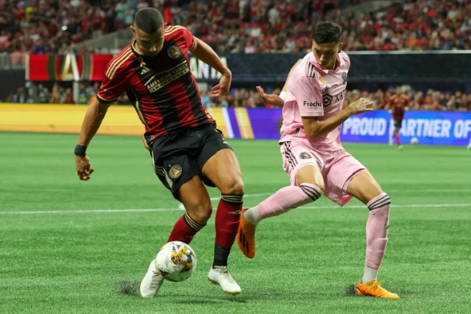 Atlanta United's Giorgos Giakoumakis (L) was voted Major League Soccer's Newcomer of the Year for 2023 over runner-up Lionel Messi of Inter Miami Photo Yahoo Sport Kevin C. Cox.