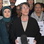 Maria Vamvakinou (centre) and Fatima Payman (left) were joined by other politicians as well as health workers to back a ceasefire in Gaza at a press conference at Parliament House.