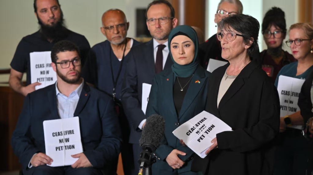 Labor Senator, Fatima Payman and Labor MP for Calwell, Maria Vamvakinou at the Green's Press Conference. Photo: ABC News / AAP / Mick Tsikas.