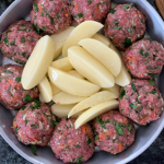 Traditional Greek recipes Meatballs with crispy, oven potatoes.