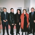 Exhibition launch at The Arts Centre, Eleftherias Park. Elizabeth Papazoe, former Greek Minister for Culture (in orange scarf) and Ross Burns, Australian Ambassador (second on the right). Leonard and Effy (centre).