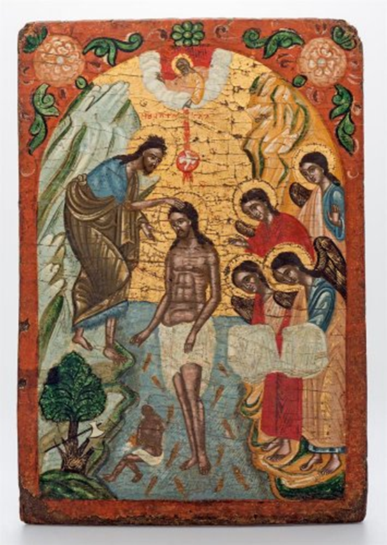 The Baptism of Jesus. Icon from St. Paraskeyi and Kyriaki of Souli, Marathon, 18th century. Konstantinos A. Benakis heritage. The Benaki Museum. The flowery patterns are influences from the Ottoman décor.