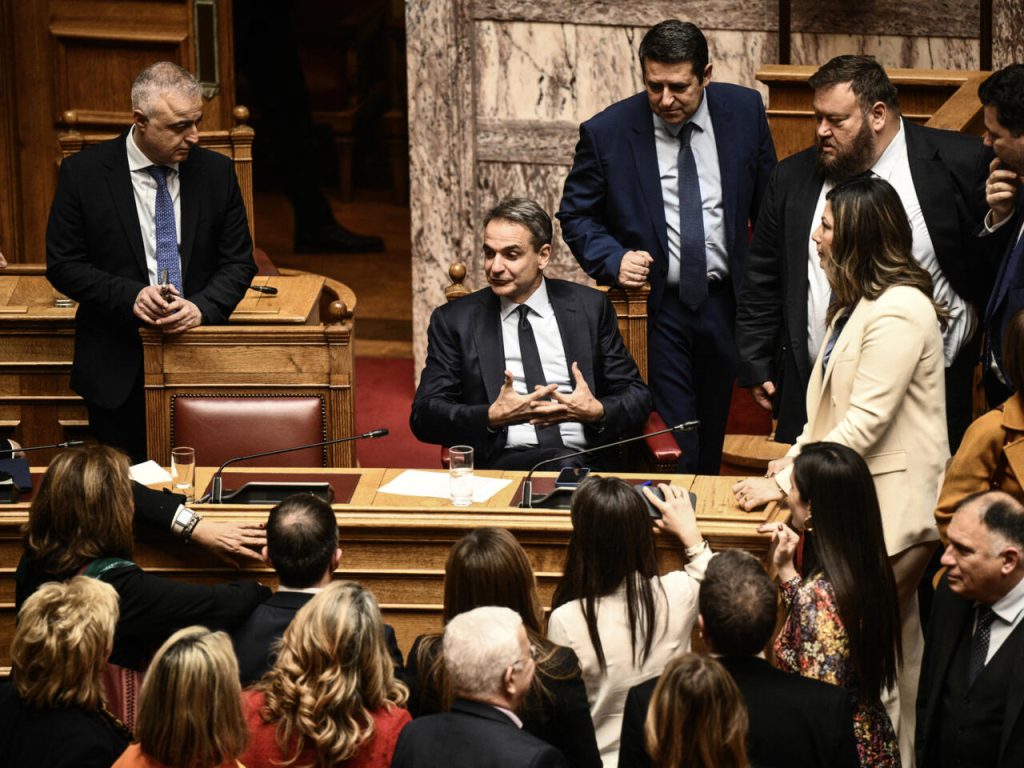 Prime Minister Kyriakos Mitsotakis attends the parliamentary vote on same-sex marriage in Athens, February 15, 2024. Photo Angelos Tzortzinis, AFP.