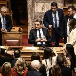 Prime Minister Kyriakos Mitsotakis attends the parliamentary vote on same-sex marriage in Athens, February 15, 2024. Photo Angelos Tzortzinis, AFP.