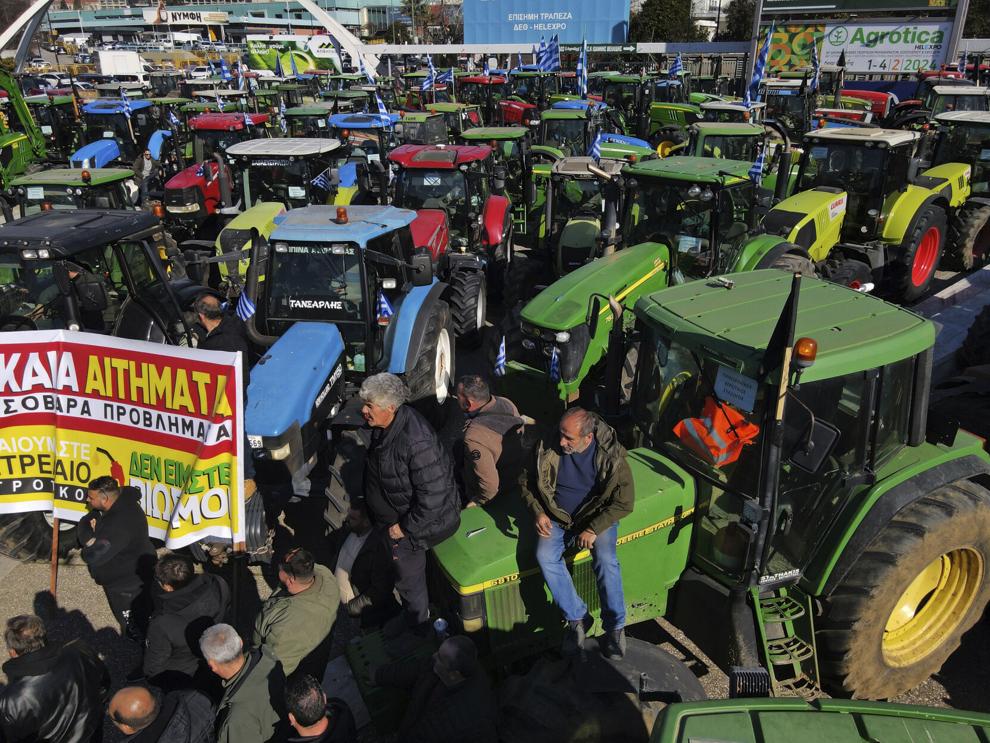 Protesting farmers with their tractors take part in a rally outside an agricultural fair in the port city of Thessaloniki, northern Greece, Thursday, Feb. 1, 2024. Photo Giannis Papanikos AP News.