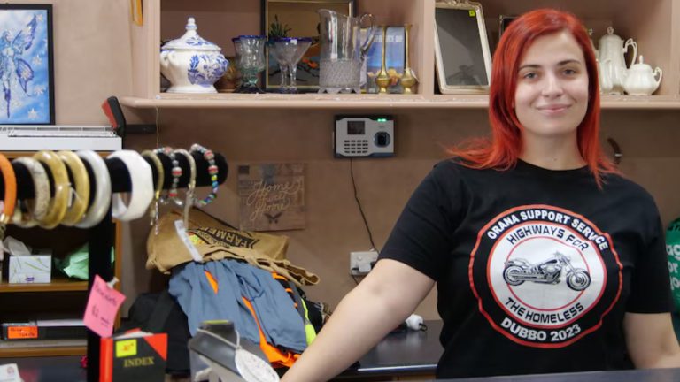 Op shop assistant Angela Skordalis creates bargain bridal bonanza in central west NSW
