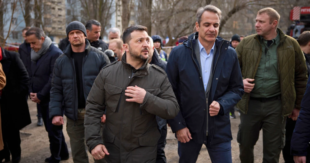 Ukrainian President Volodymyr Zelenskyy, center left, and Greece's Prime Minister Kyriakos Mitsotakis in Odesa