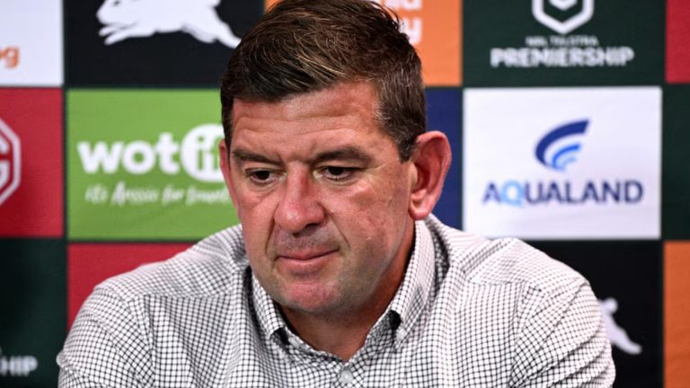 Rabbitohs coach Jason Demetriou storms out of press conference