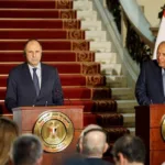 Egyptian Foreign Minister Sameh Shoukry holds a press conference with his Greek counterpart George Gerapetritis in Cairo, 17 January 2024.