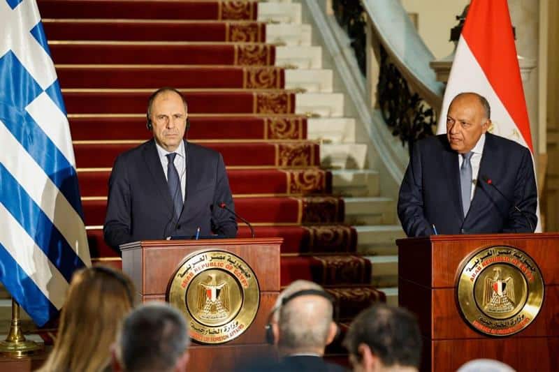 Egyptian Foreign Minister Sameh Shoukry holds a press conference with his Greek counterpart Giorgos Gerapetritis back in January in Cairo.