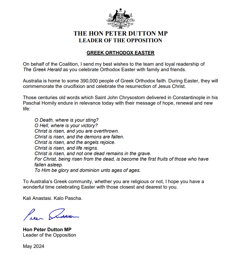 peter dutton orthodox easter message