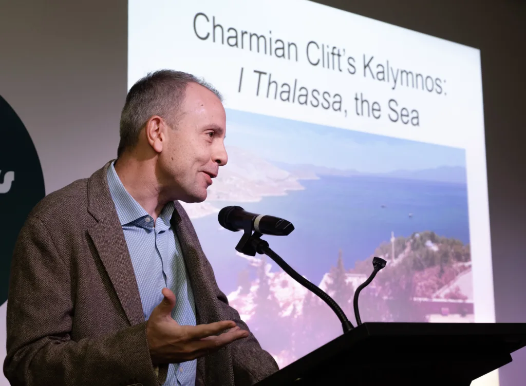 The Consul General for Greece, Yannis Mallikourtis, speaks at Charmian Clift's Kalymnos.Gleebooks, (Effy Alexakis)