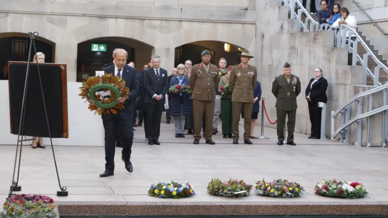 Turkish Cypriot leader Ersin Tatar lays wreath at Australian War Memorial