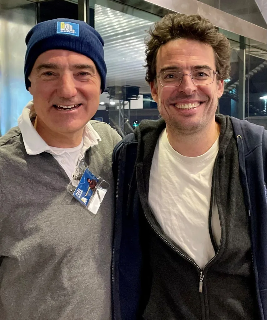 Paul Nicolaou (left) with Joe Hildebrand at the Vinnies CEO Sleepout. Photo supplied.
