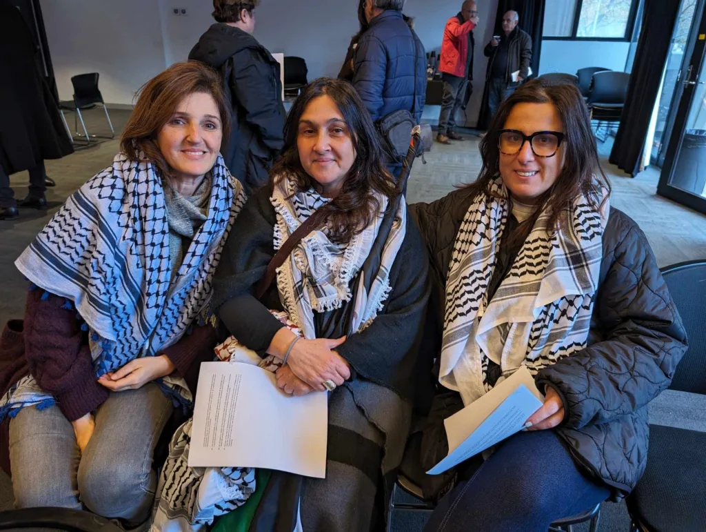 Eleni Stamenidis, Rita and Anna Manessis came wearing their keffiyehs following a pro-Palestinian rally. “We are not members, but thought it would be a great way to reach out to the community at this even