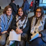 selida_16_Eleni Stamenidis, Rita and Anna Manessis came wearing their keffiyehs following a pro-Palestinian rally. “We are not members, but thought it would be a great way to reach out to the community at this even