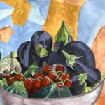 Gordes, Aubergines & Cherry Tomatoes 2024 Gouache on Paper completed