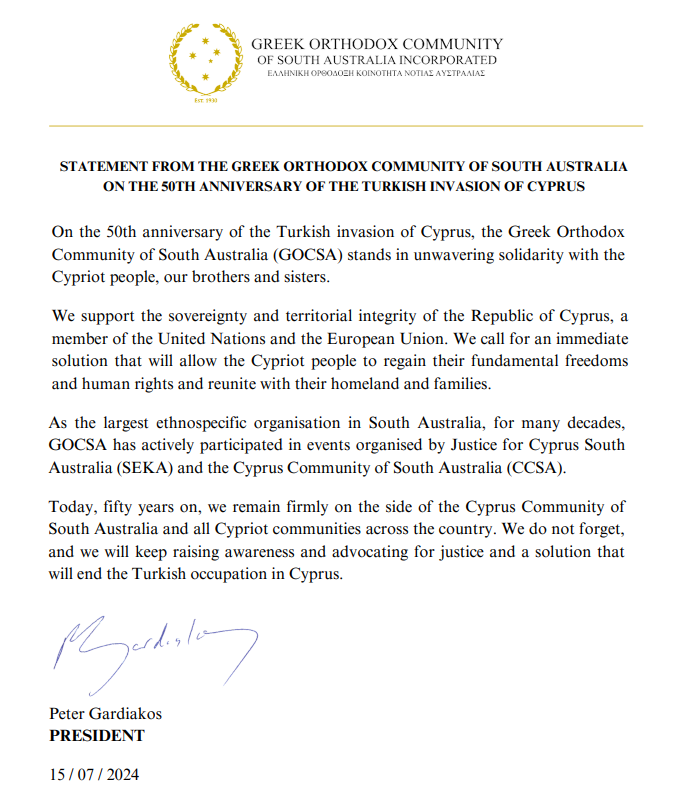 GOCSA issues statement to mark 50th anniversary of Turkish invasion of Cyprus