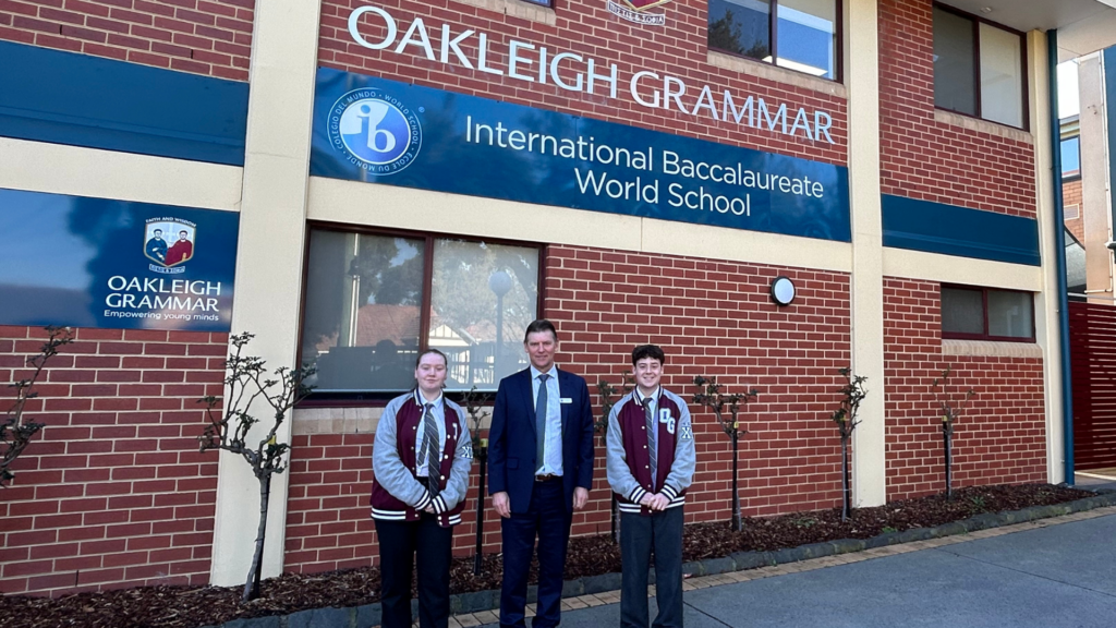 Principal Mr Mark Robertson with Ella and Anthony from Year 12