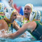 Bronte Halligan and Tilly Kearns of Australia celebrate victory following the penalty shootout win over the USA at the Paris Olympics. Photograph: Maddie Meyer/Getty Images