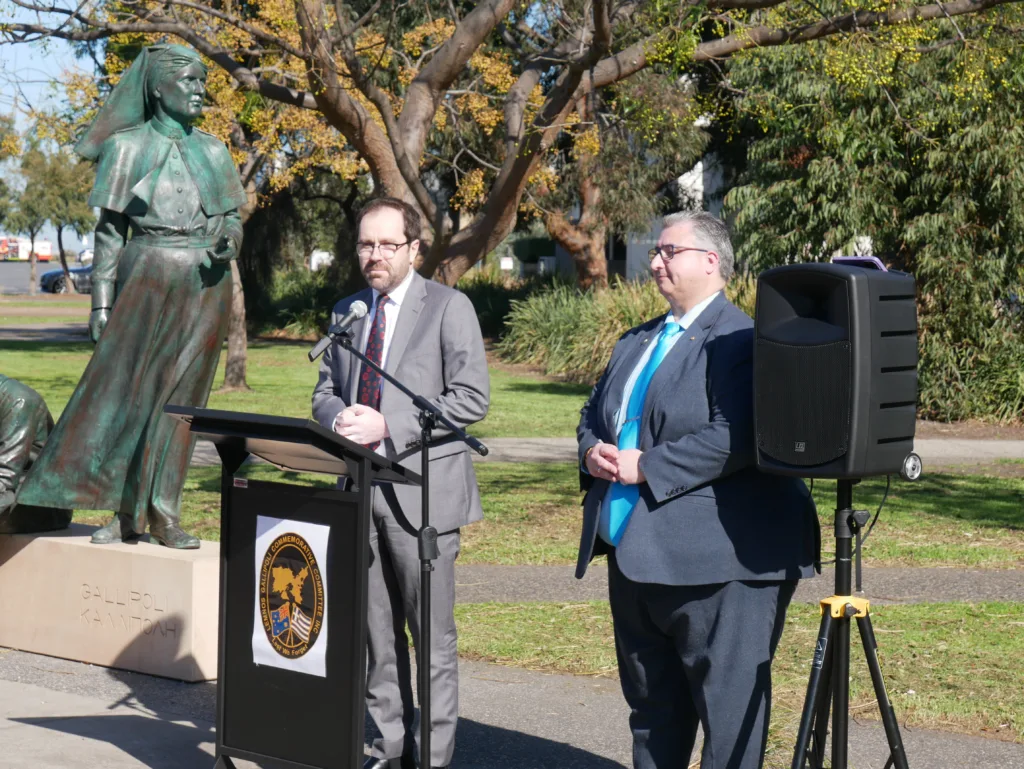 Local State MP Nick Staikos (left) addresses the crowd. Photo Jim Claven 2024.