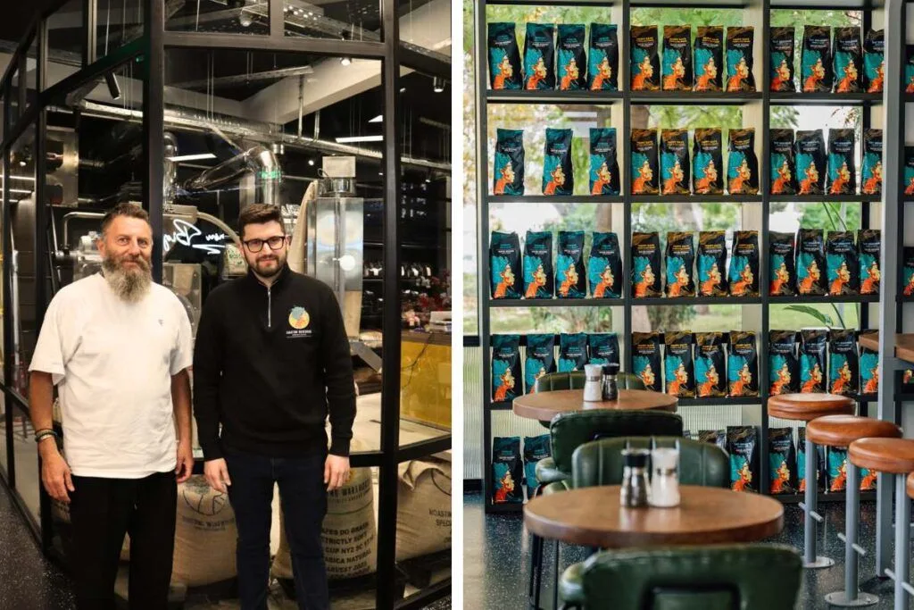 The Greek-Australian businessman, George Paraskevopoulos (left) with his partner and Greek coffee champion, Nikos Antzaras (right).