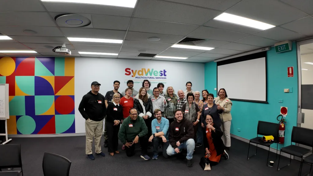 Group photo with SydWest seniors and staff, Jeremy Chu and Mike Engelsman from the University of Technology Sydney, RMIT students and Dr Spyros Schismenos.