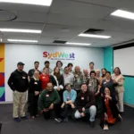 Group photo with SydWest seniors and staff, Jeremy Chu and Mike Engelsman from the University of Technology Sydney, RMIT students and Dr Spyros Schismenos.