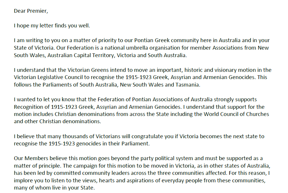 pontian federation victorian premier genocide recognition