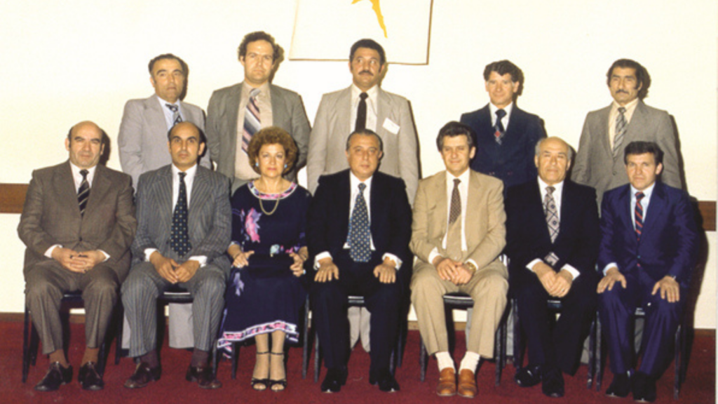 Visiting President Spyros Kyprianou (October 1981). From left: N. Dymiotis, A. Kapris, Mrs Kyprianou, the President, P. Yiannoudes, G. Nikolaou and Violaris. Standing from left: D. Koullakas, K. Kyriacou, D. Komodromos, On. Georgiou and P. Nicola.