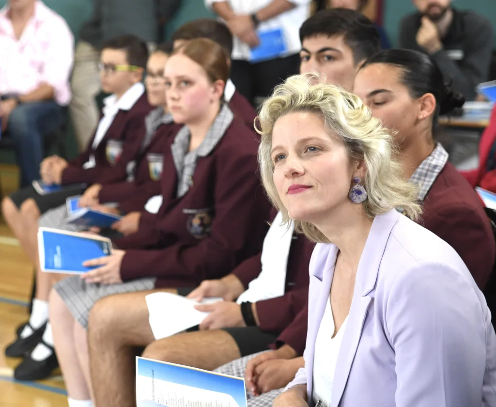 Hon. Clare O'Neil, Chairman of the Board Chris Damatopoulos and Principal Robertson with School Captains and Vice Captains