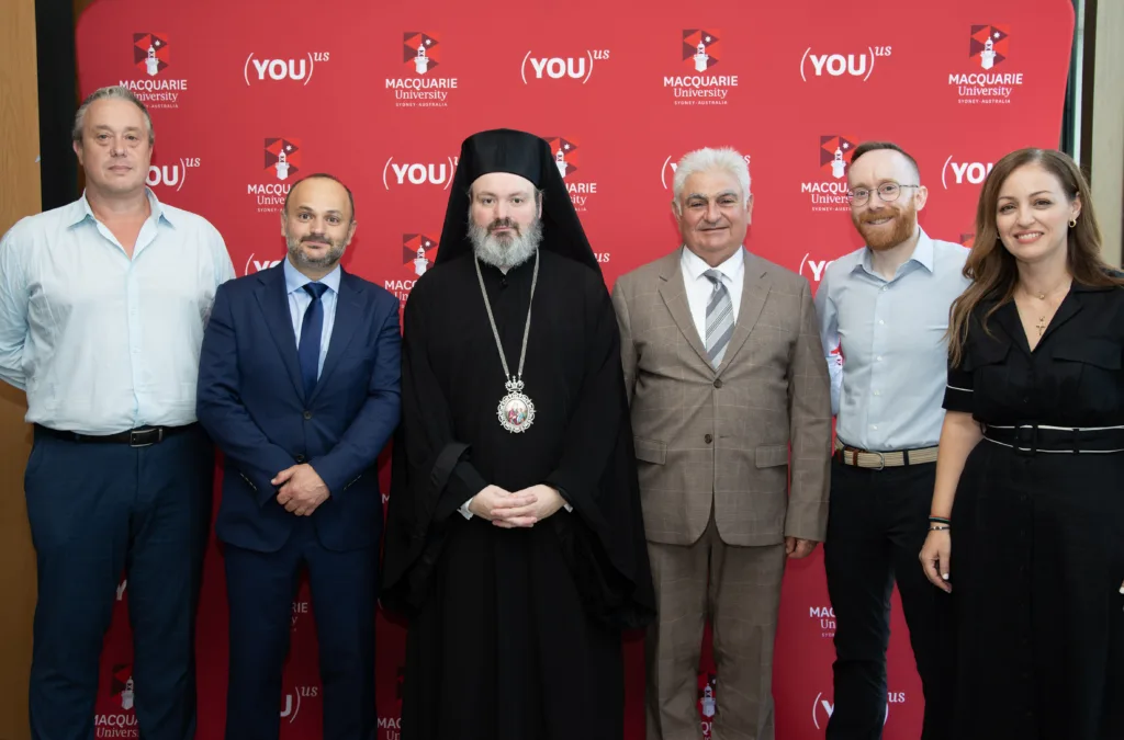 (L-R) Professor Julian Droogan, Head of the School International Studies of the Faculty of Arts at Macquarie University, Mr Antonis Sammoutis, High Commissioner of the Republic of Cyprus in Australia, His Grace Bishop Christodoulos of Magnesia, representing His Eminence Archbishop Makarios Primate of the Greek Orthodox Church in Australia, Mr Michael Christodoulou, Chief Executive Officer NSW Federation of Community Language Schools, Dr Wes Roberston, Chair of the Discipline of Global Cultures & Languages of International Studies, and Dr Patricia Koromvokis, Lecturer in Global Cultures & Languages in the School of International Studies and Head of the Examination Centre for the Greek Language Certificate Macquarie University.