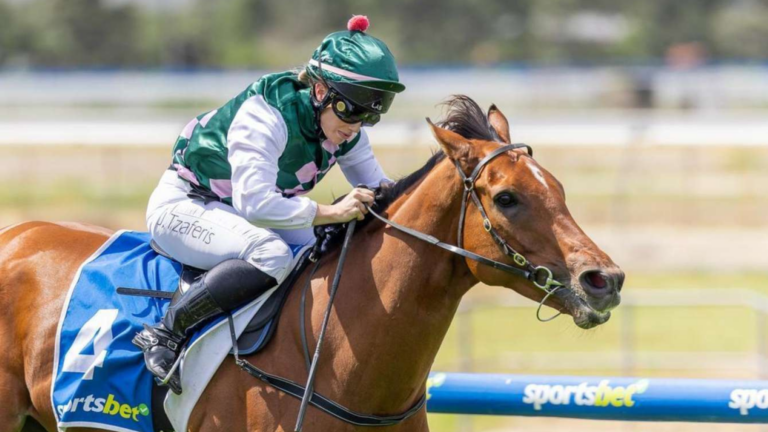 Jessica Tzaferis celebrates first horse race win as dual-licence holder