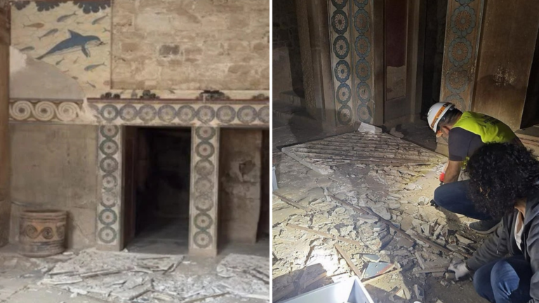 Replica of iconic Knossos dolphin mural collapses amid strong winds