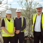 Skye_Michelle Wooldridge, Tony Taylor (Tomkins Construction Manager), Pedro Pikos with Topping Out Olive Tree